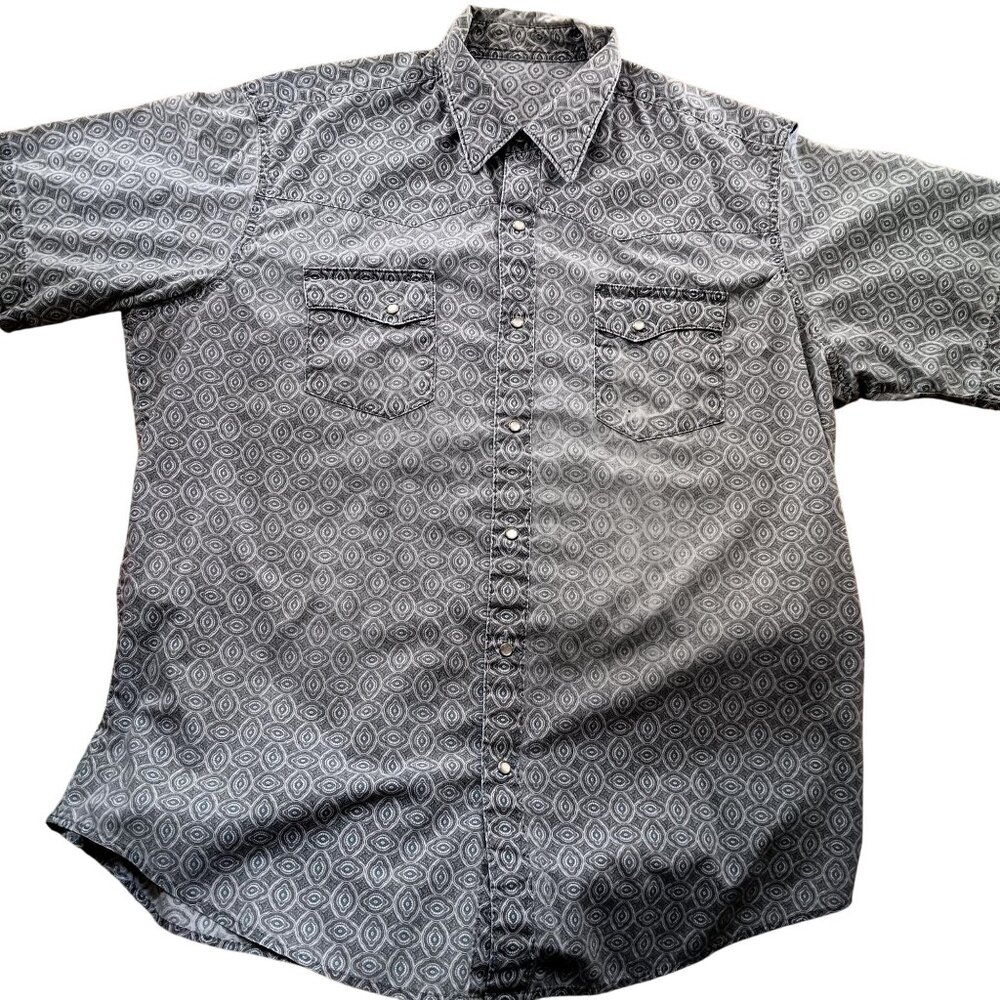 Men's Cowboy Western Shirt XL Vintage 1970's Medallion Print gray/Teal Hippy